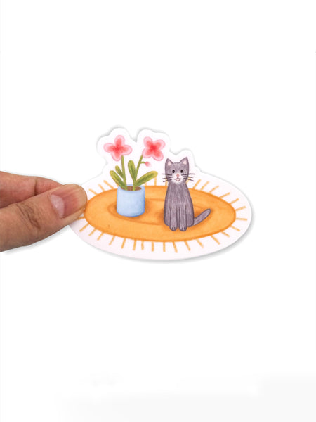 Cat with Flowers Waterproof Sticker